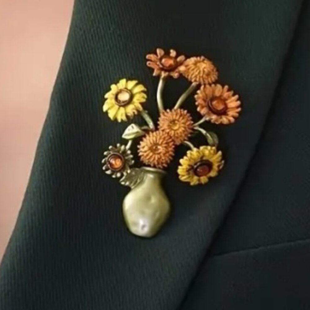 Sunflower Bouquet Brooch - Green Yellow Brown & Orange Highlights - Picture 2 of 2